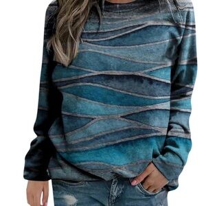Teal Blue & Gray Wave-Stripe, Crewneck Pullover Sweatshirt Women’s XXL